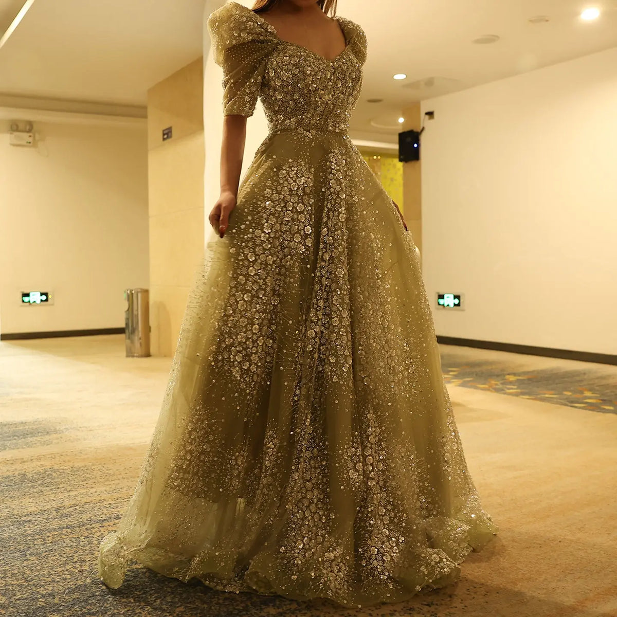 Glitter Lime Green Puffle Sleeve Evening Dress SS155