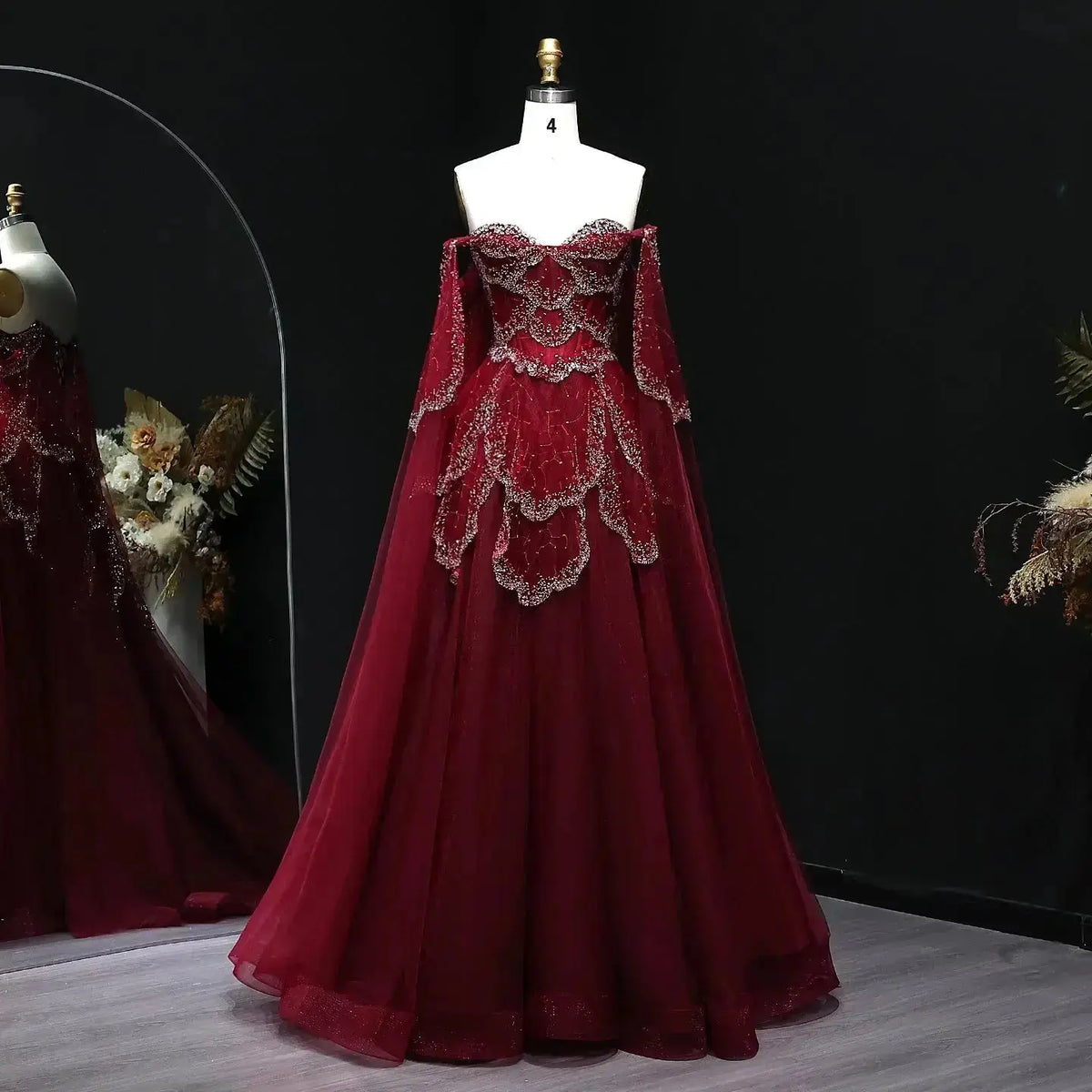 fancy red dresses Elegant Off Shoulder Burgundy Prom Dress with Cape Sleeves SS215