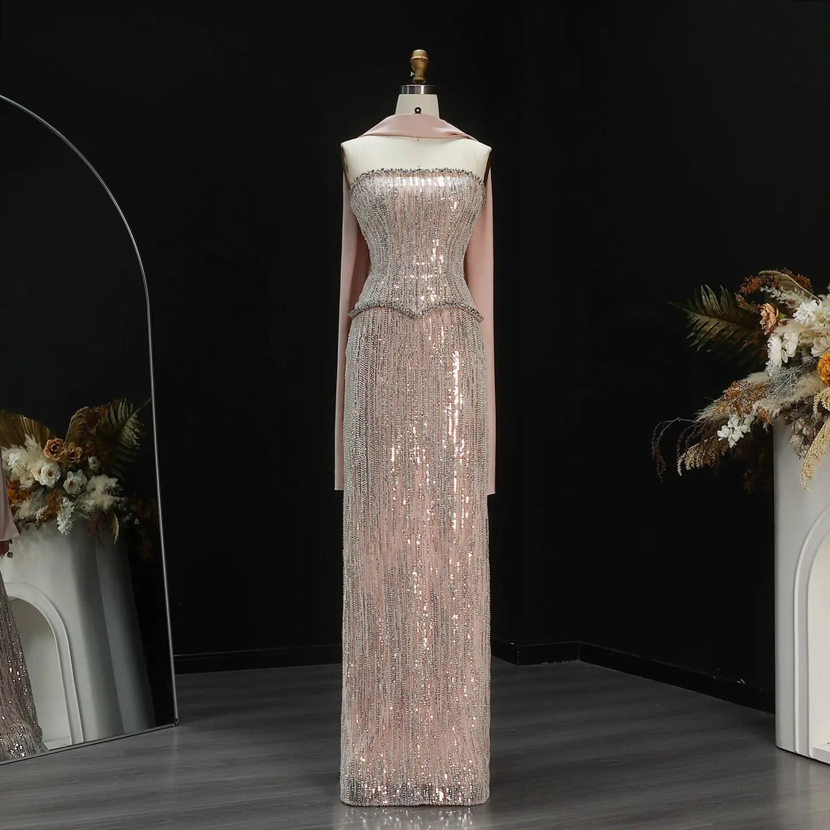 Luxury Pink 2 Pieces Beaded Sequins Evening Dress with Scarf SS661 