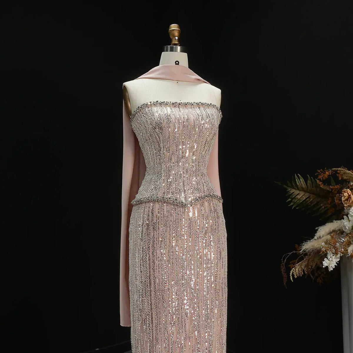 Luxury Pink 2 Pieces Beaded Sequins Evening Dress with Scarf SS661 