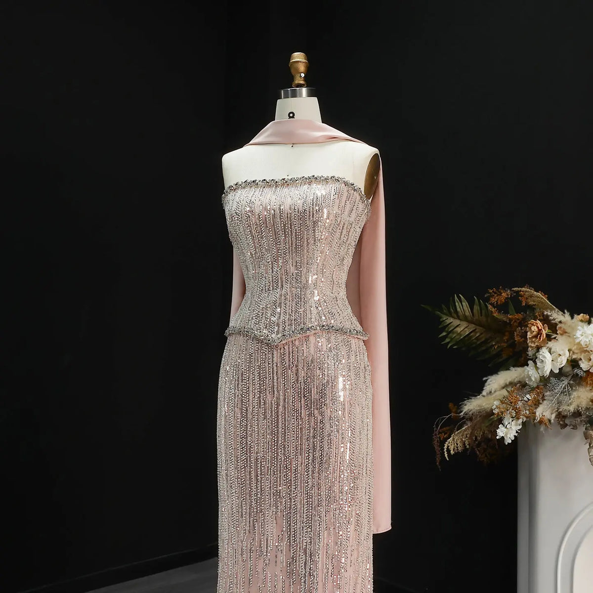 Luxury Pink 2 Pieces Beaded Sequins Evening Dress with Scarf SS661 