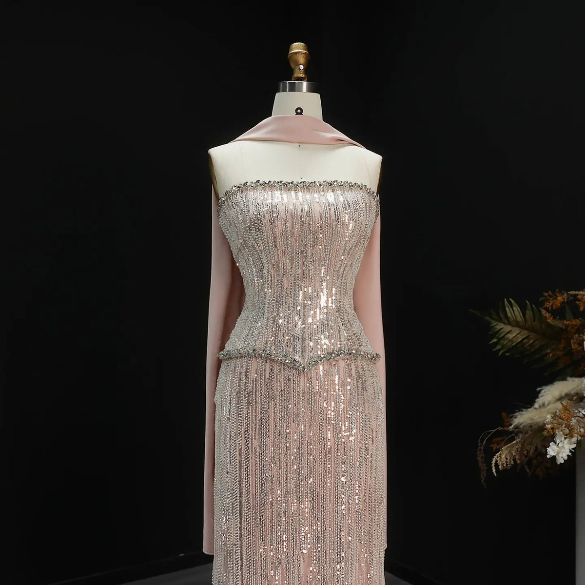 Luxury Pink 2 Pieces Beaded Sequins Evening Dress with Scarf SS661 