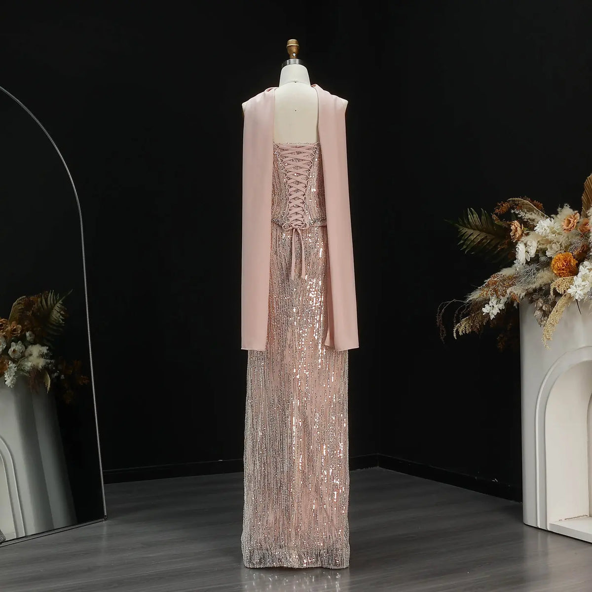 Luxury Pink 2 Pieces Beaded Sequins Evening Dress with Scarf SS661 