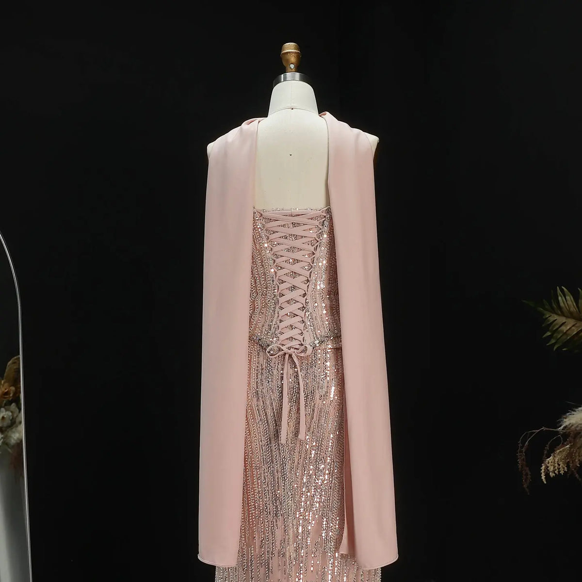 Luxury Pink 2 Pieces Beaded Sequins Evening Dress with Scarf SS661 