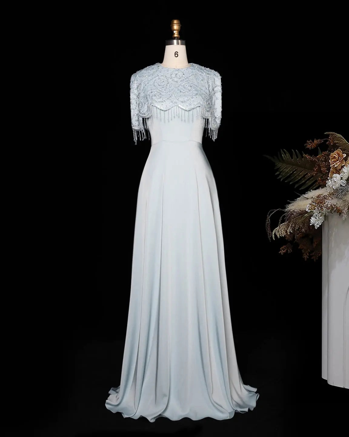 Elegant Blue Tassel Cape Evening Dress SS614