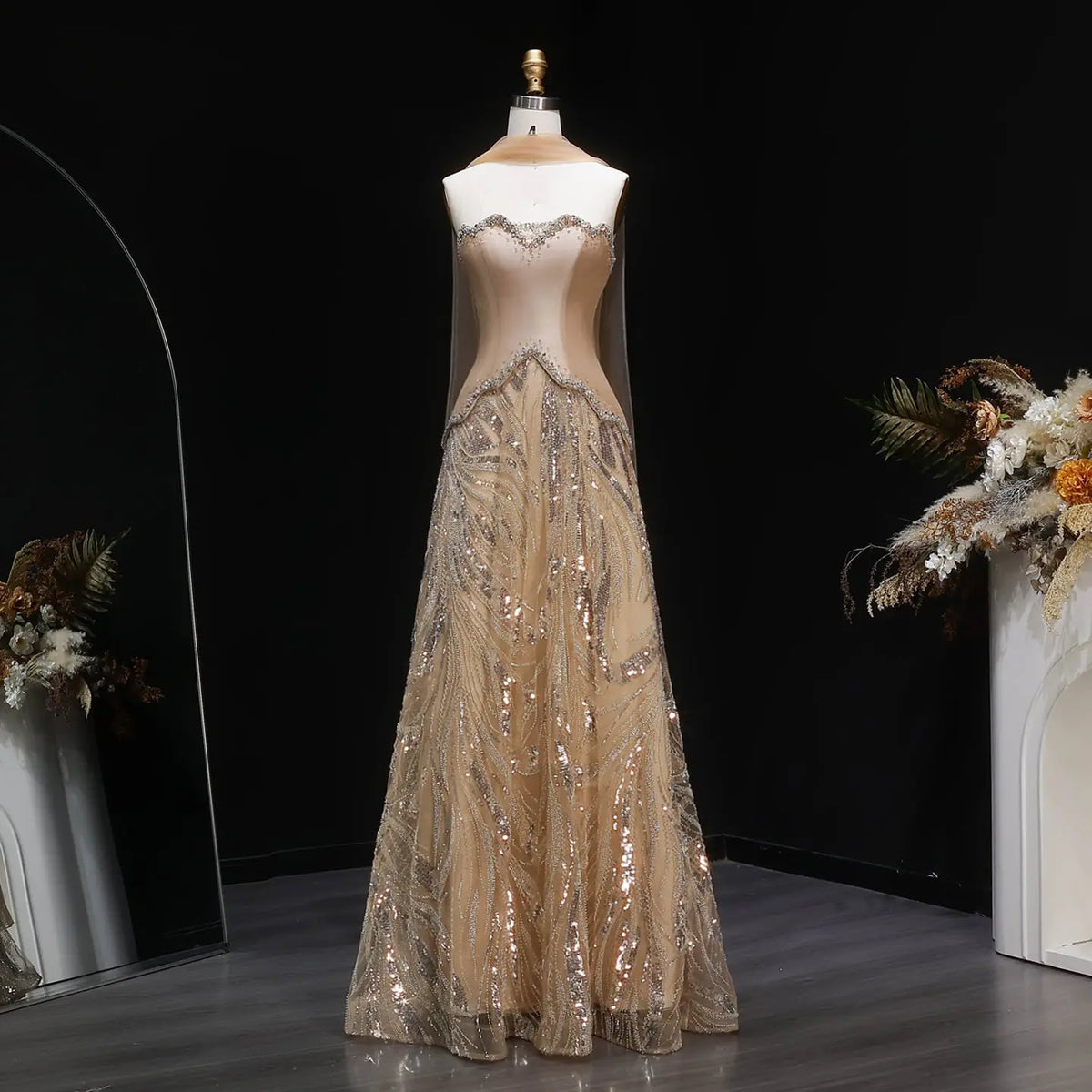 Elegant Champagne Beaded Sequin Evening Dress with Scarf SS132