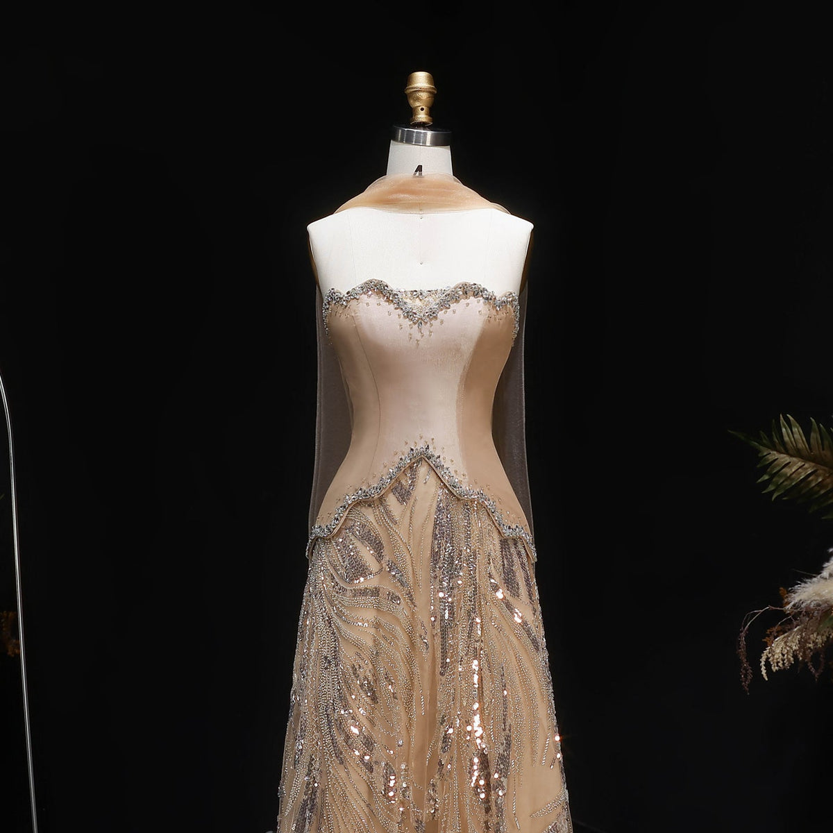 Elegant Champagne Beaded Sequin Evening Dress with Scarf SS132 