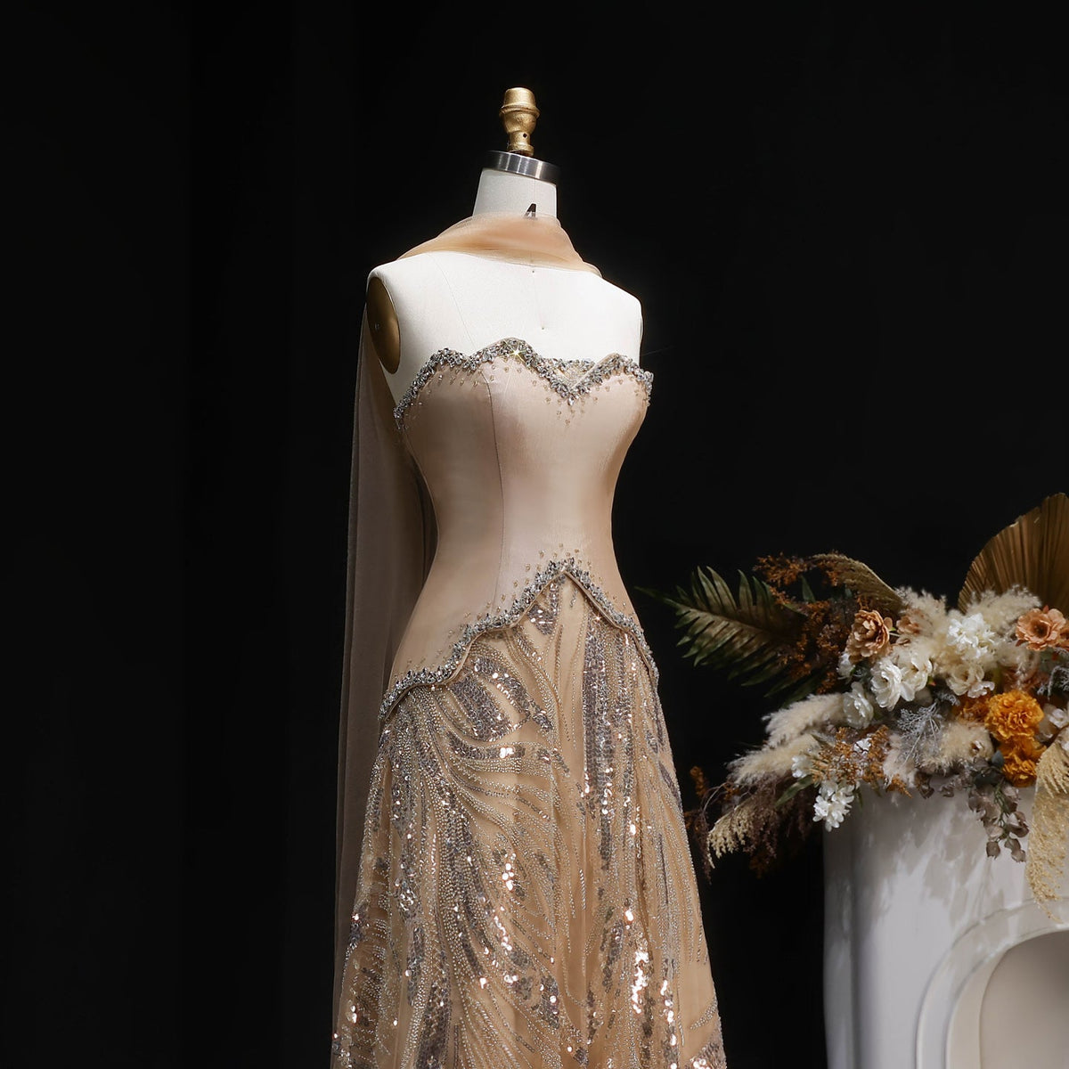 Elegant Champagne Beaded Sequin Evening Dress with Scarf SS132 