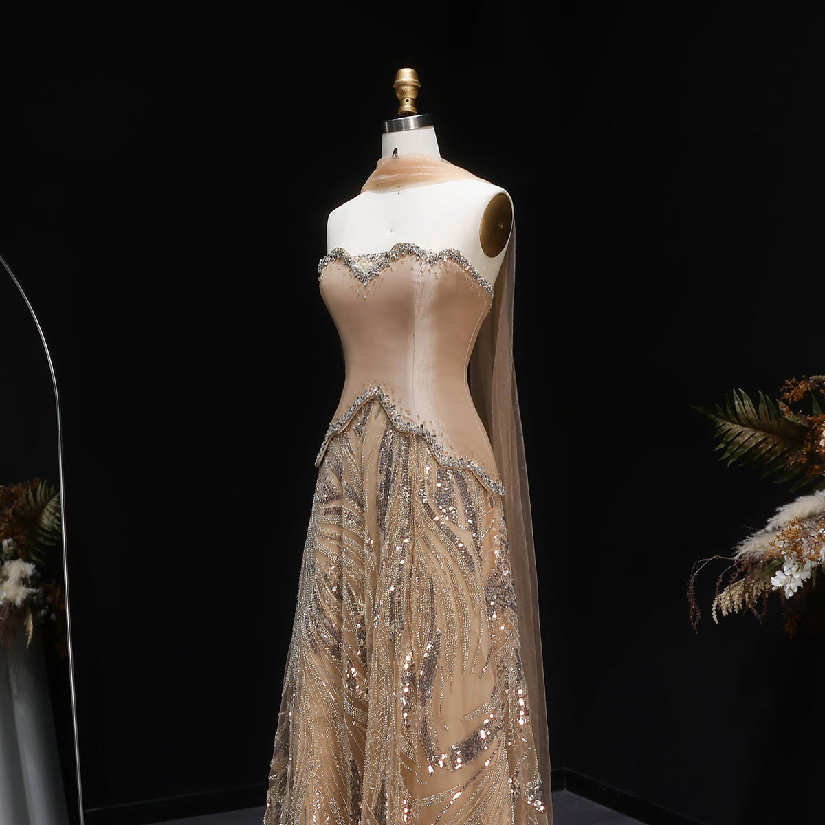 Elegant Champagne Beaded Sequin Evening Dress with Scarf SS132 