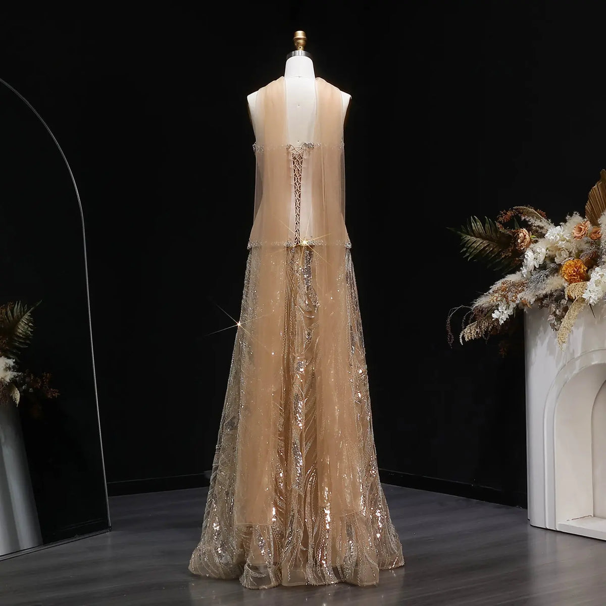 Elegant Champagne Beaded Sequin Evening Dress with Scarf SS132