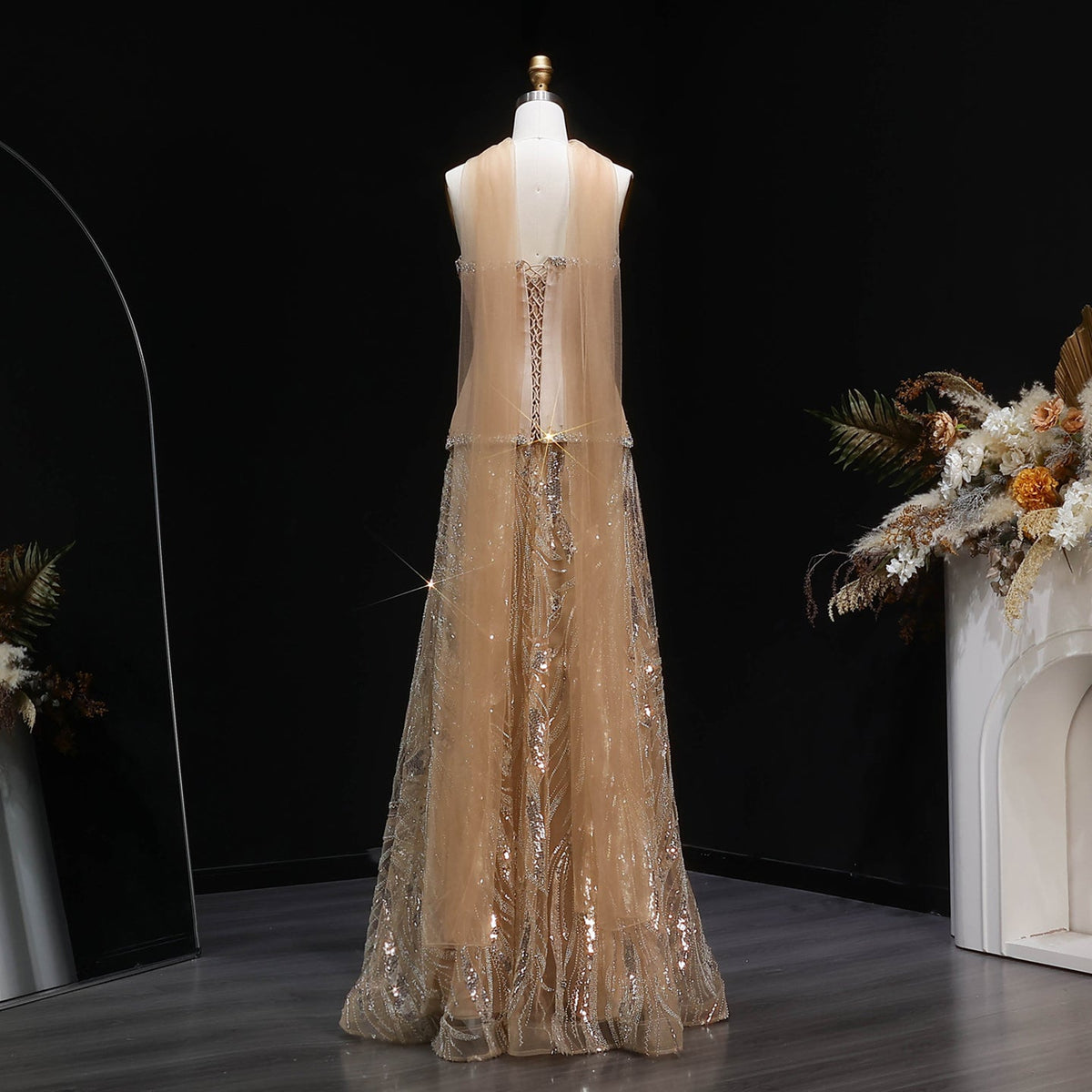 Elegant Champagne Beaded Sequin Evening Dress with Scarf SS132 