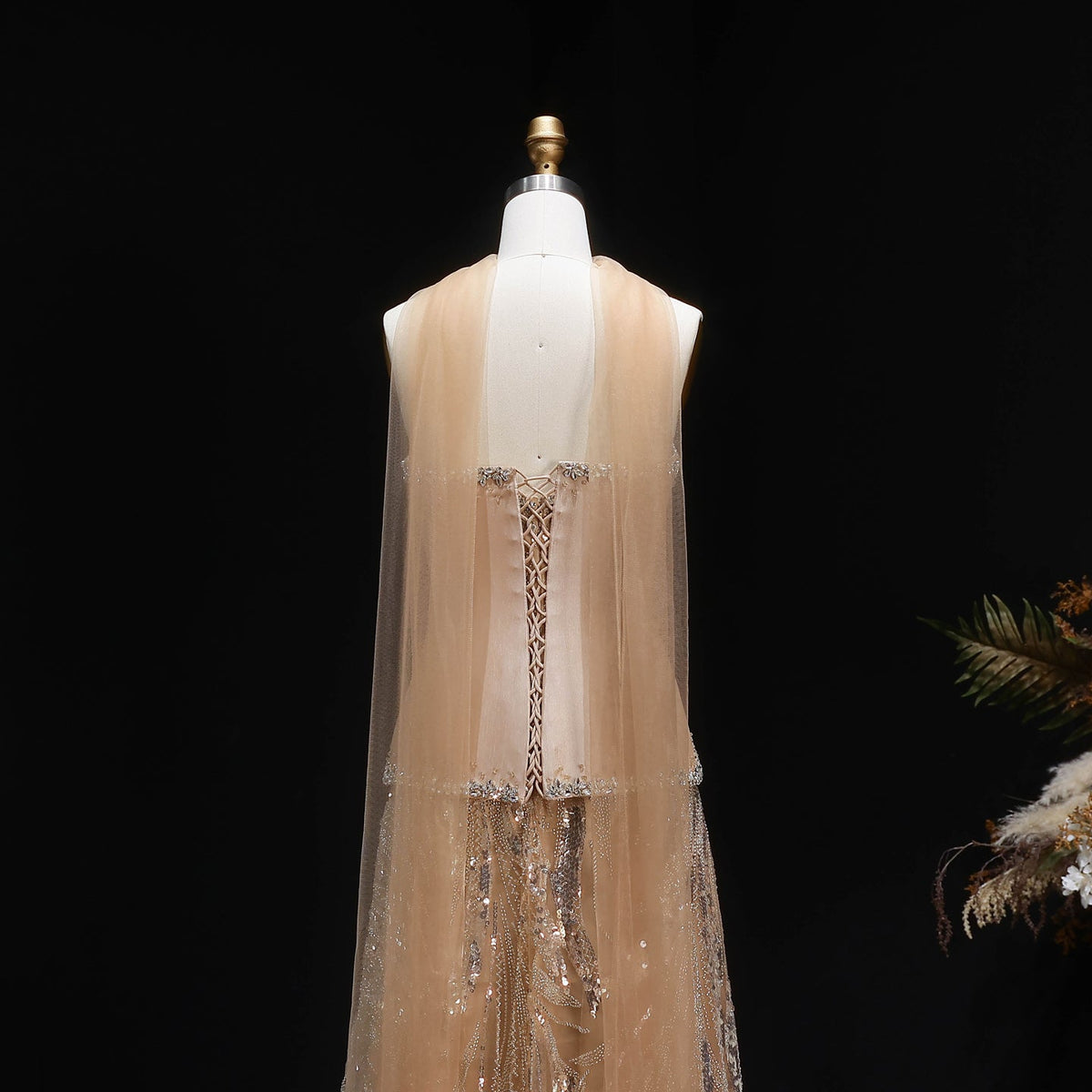 Elegant Champagne Beaded Sequin Evening Dress with Scarf SS132 