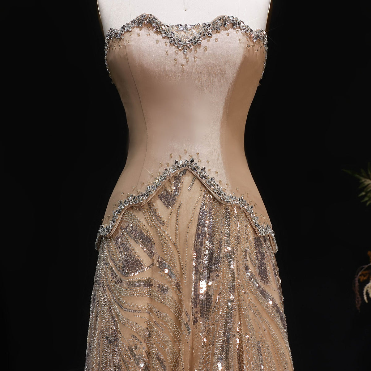 Elegant Champagne Beaded Sequin Evening Dress with Scarf SS132 