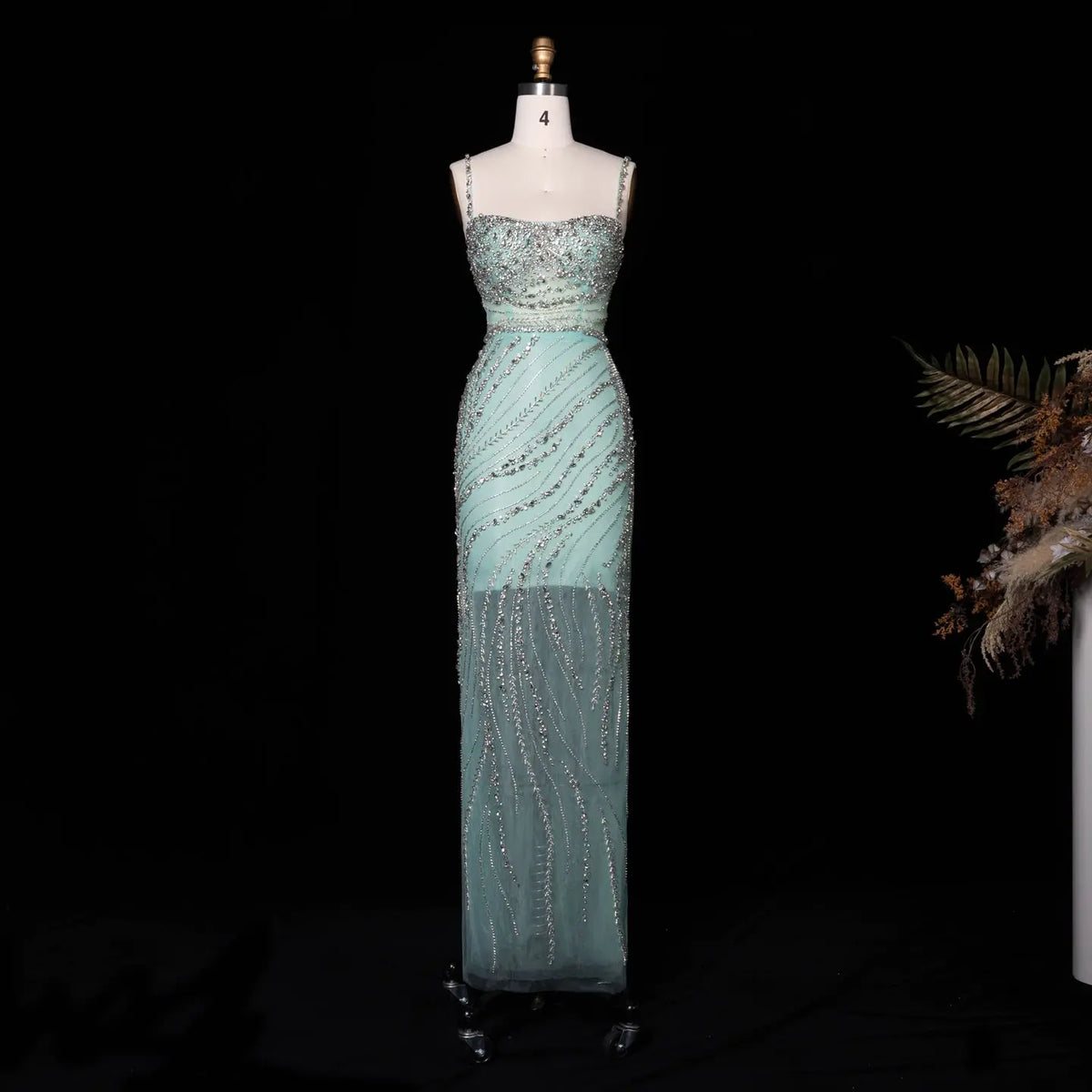 Aqua Crystal Spaghetti Evening Dress SS351