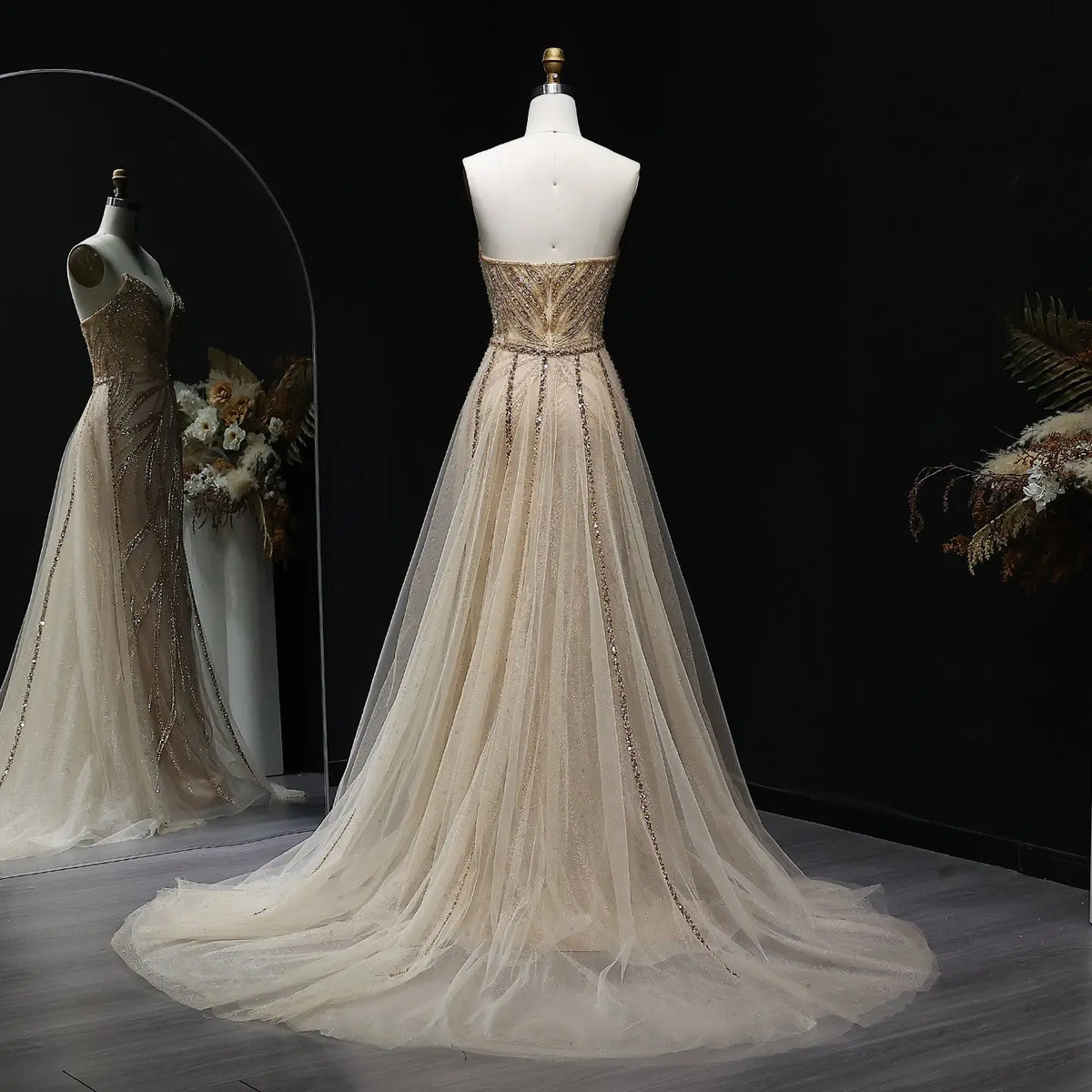 Luxury Champagne Beaded Mermaid Evening Dress with Overskirt SS068 - SHARONSAID Luxury Champagne Beaded Mermaid Evening Dress with Overskirt SS068 - SHARONSAID