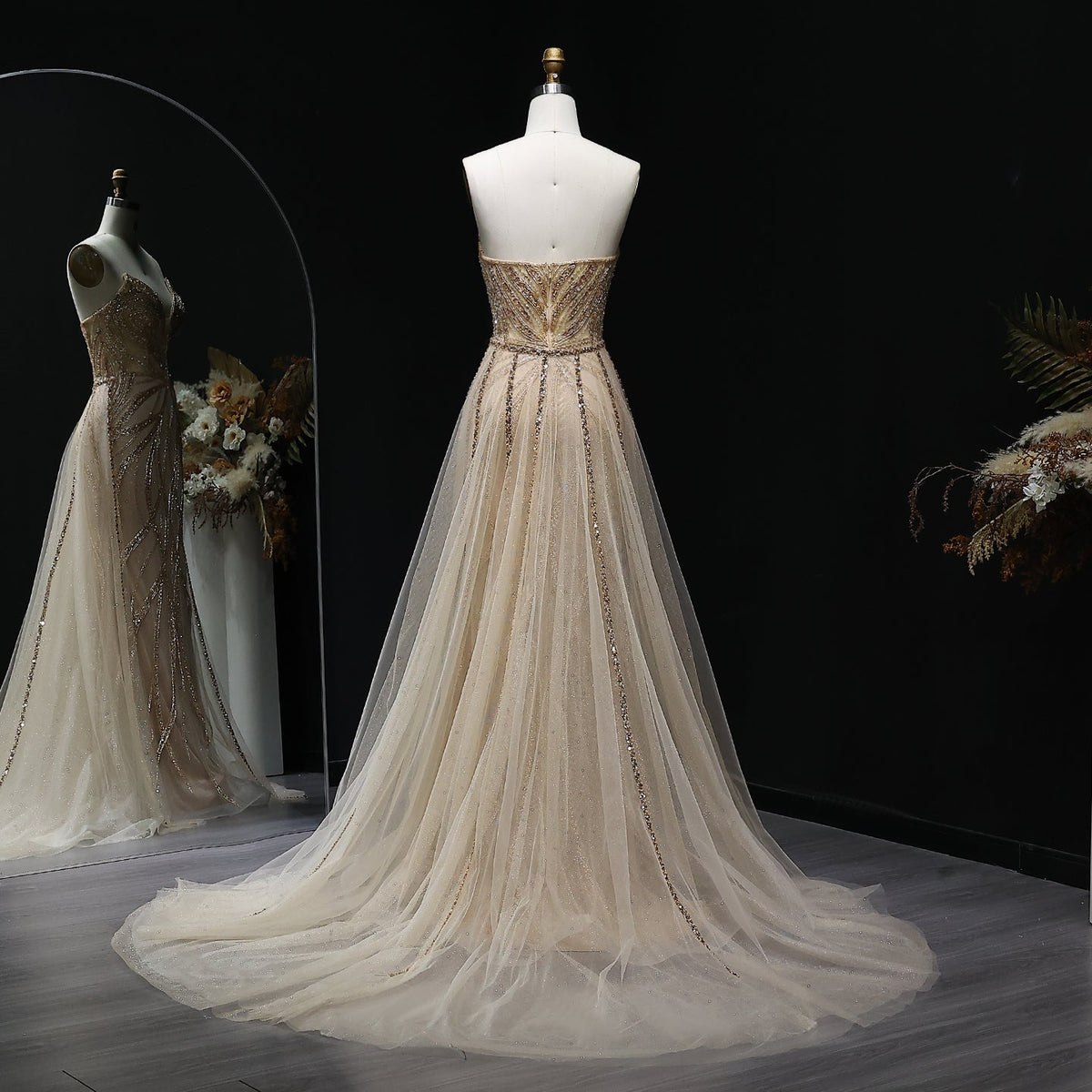 Luxury Champagne Beaded Mermaid Evening Dress with Overskirt SS068