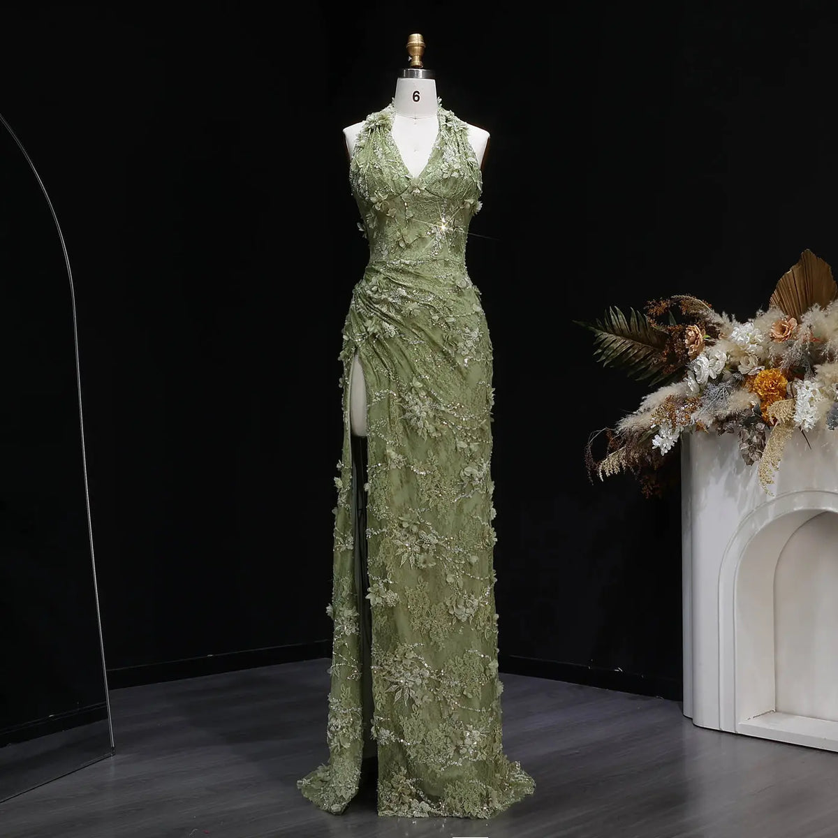 Green Halter Lace Slit Evening Dress SF521