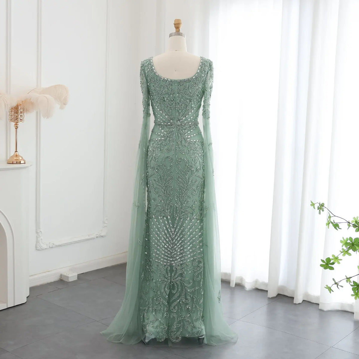 Luxury Turquoise Beaded Mermaid Evening Dress with Cape Sleeves SS469 Luxury Turquoise Beaded Mermaid Evening Dress with Cape Sleeves SS469