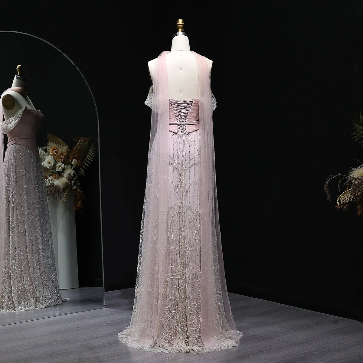 Romantic Beaded Pink Off Shoulder Evening Dress with Scarf SS766 - SHARONSAID Romantic Beaded Pink Off Shoulder Evening Dress with Scarf SS766 - SHARONSAID
