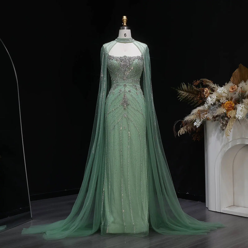 Luxury Champagne Halter Neck Cape Sleeve Beaded Evening Dress SS131 