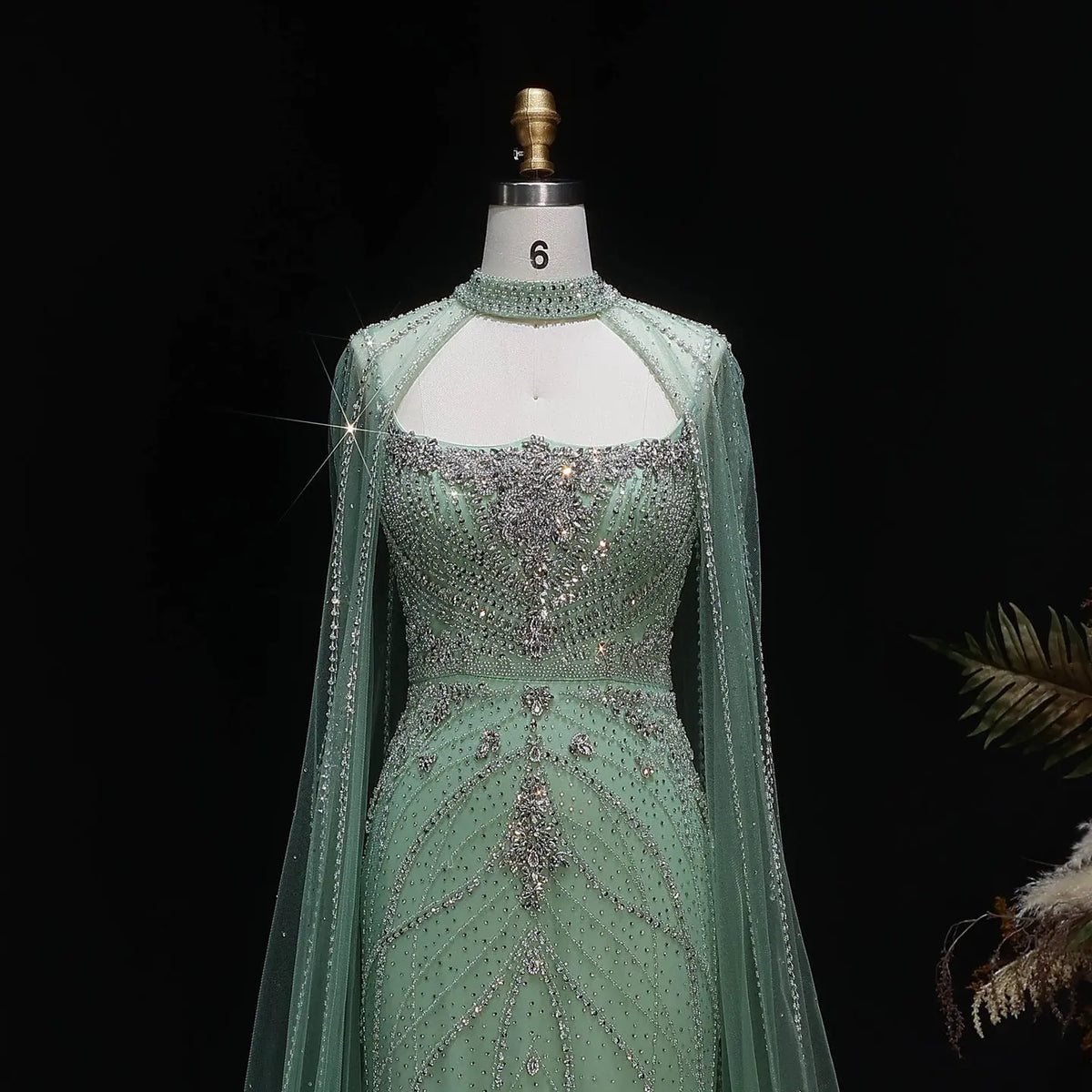 Luxury Champagne Halter Neck Cape Sleeve Beaded Evening Dress SS131 