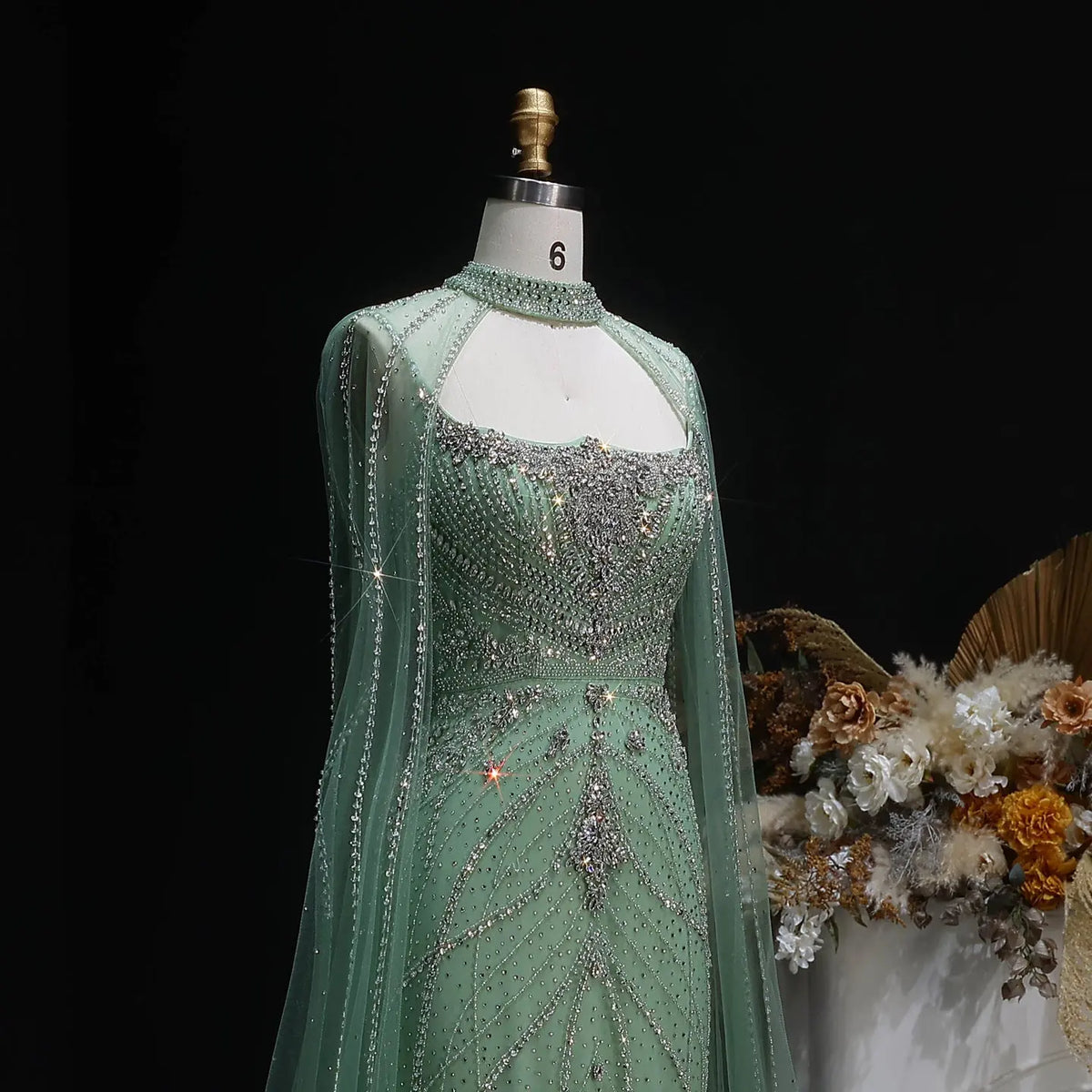 Luxury Champagne Halter Neck Cape Sleeve Beaded Evening Dress SS131 