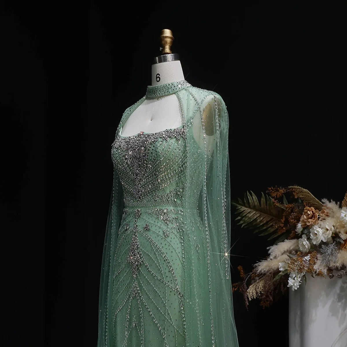 Luxury Champagne Halter Neck Cape Sleeve Beaded Evening Dress SS131 