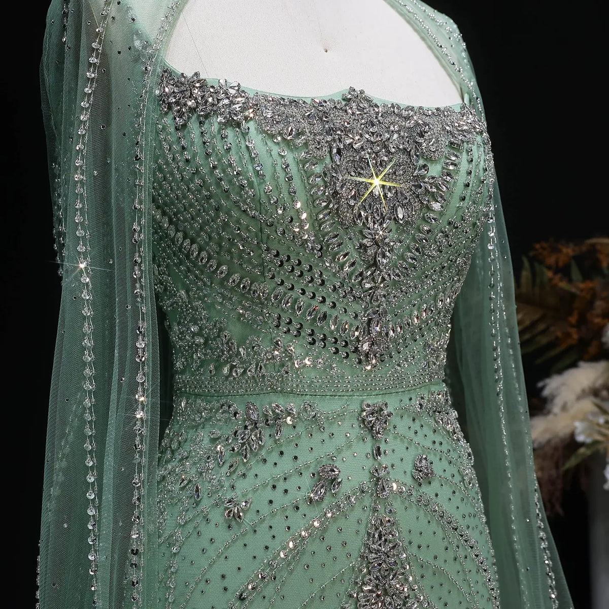 Luxury Champagne Halter Neck Cape Sleeve Beaded Evening Dress SS131 