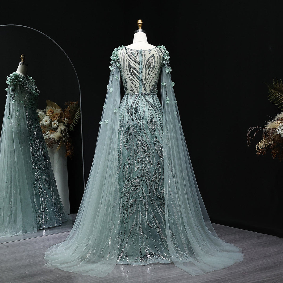 Luxury 3D flowers Purple Beaded Evening Dress with Scarf SS060