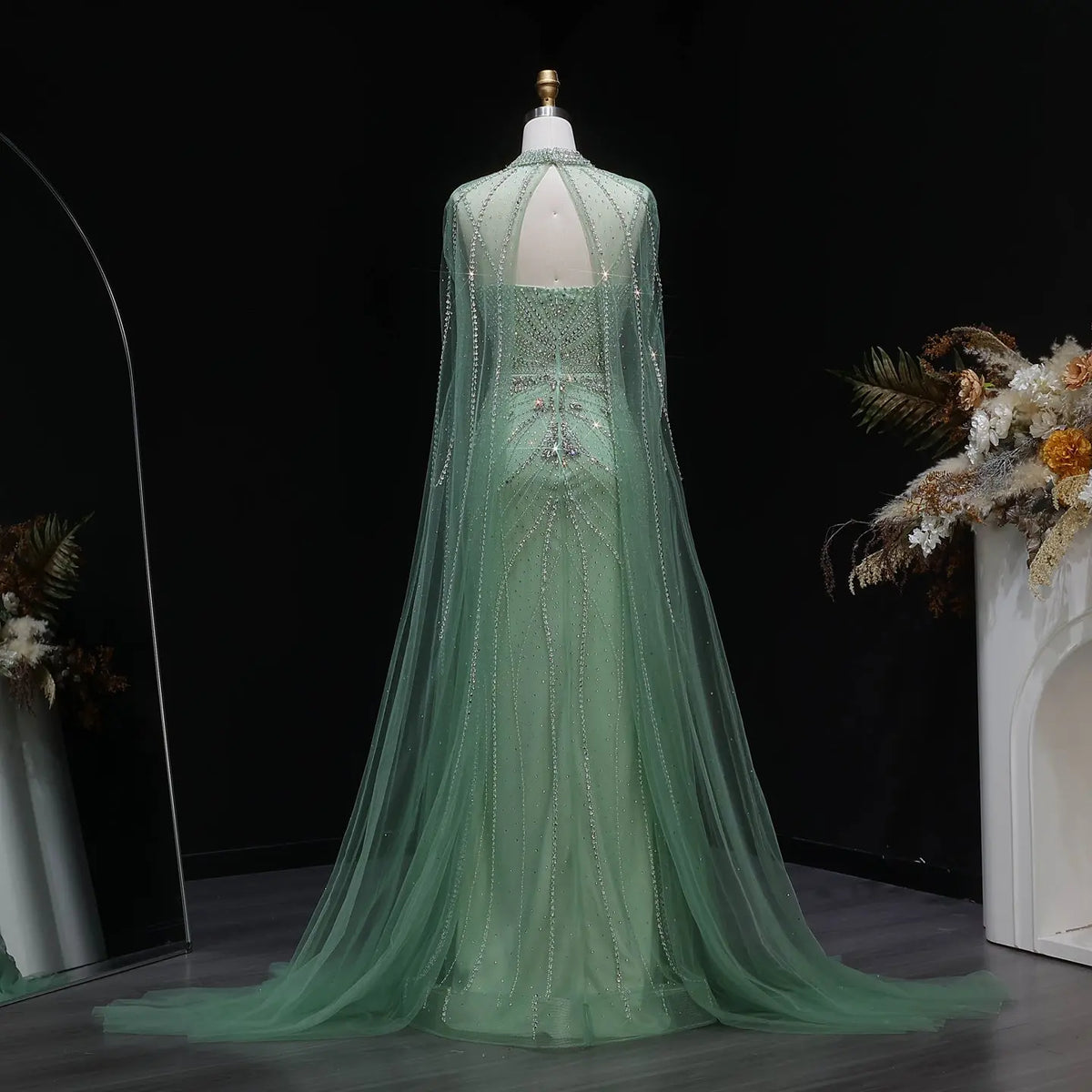 Luxury Champagne Halter Neck Cape Sleeve Beaded Evening Dress SS131
