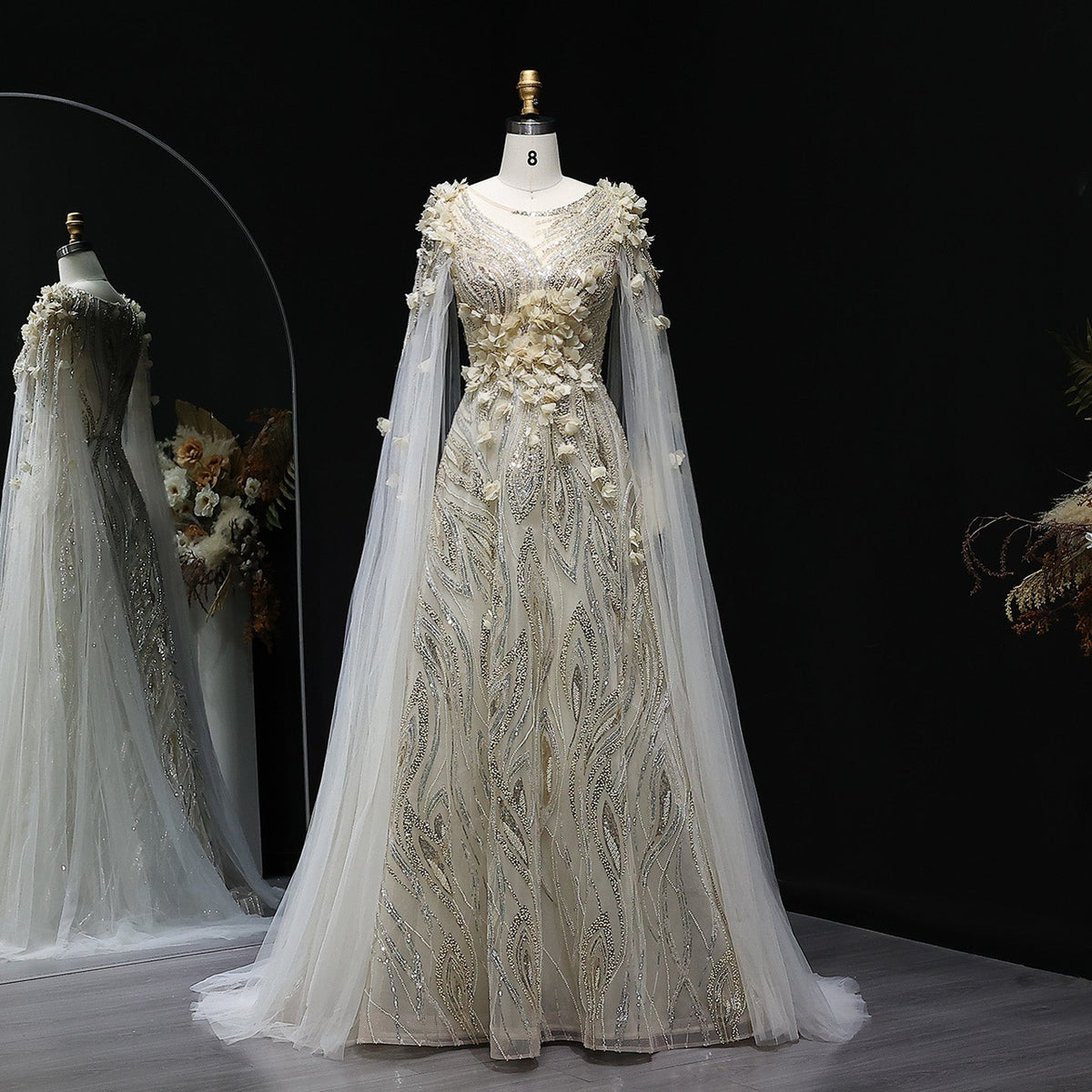 Luxury 3D flowers Purple Beaded Evening Dress with Scarf SS060