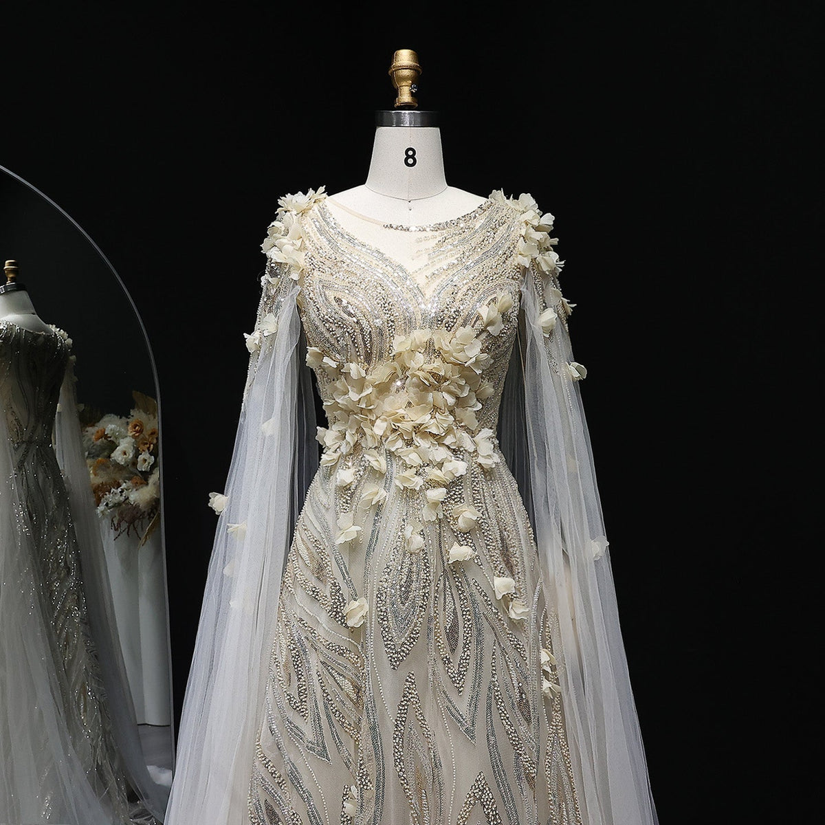 Luxury 3D flowers Purple Beaded Evening Dress with Scarf SS060