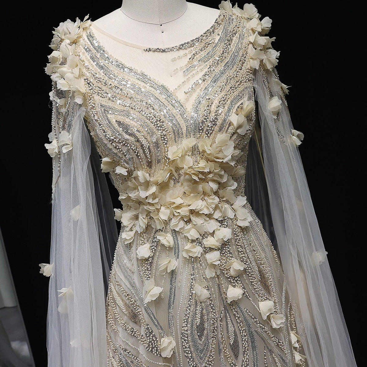 Luxury 3D flowers Purple Beaded Evening Dress with Scarf SS060