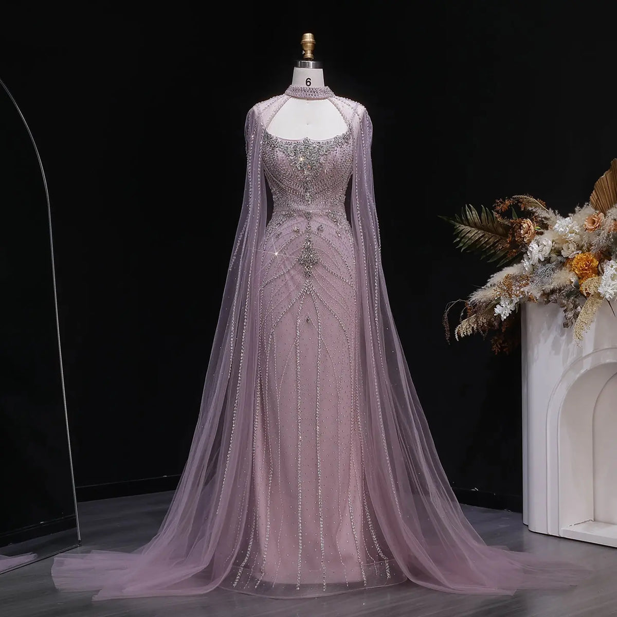 Luxury Champagne Halter Neck Cape Sleeve Beaded Evening Dress SS131 