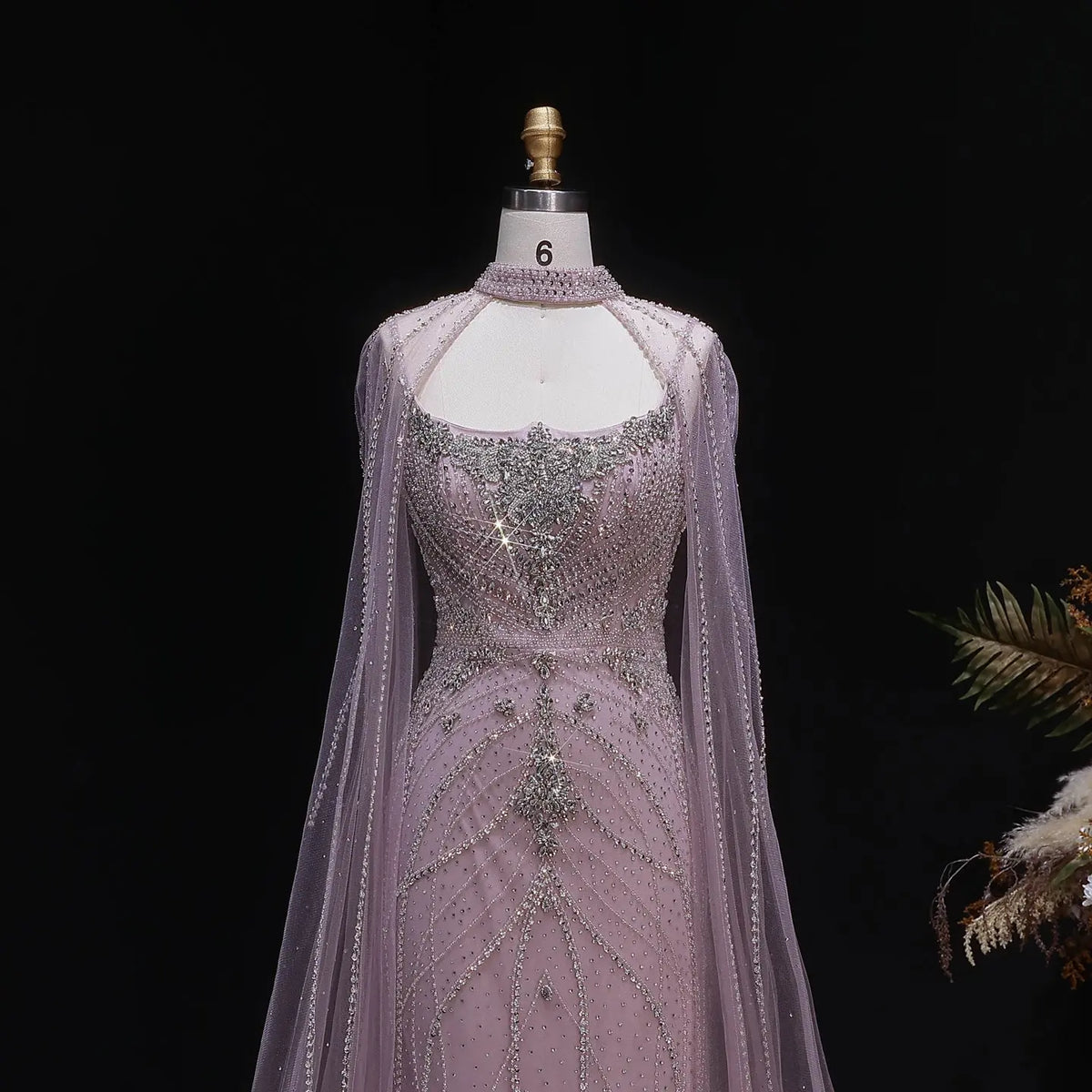 Luxury Champagne Halter Neck Cape Sleeve Beaded Evening Dress SS131 
