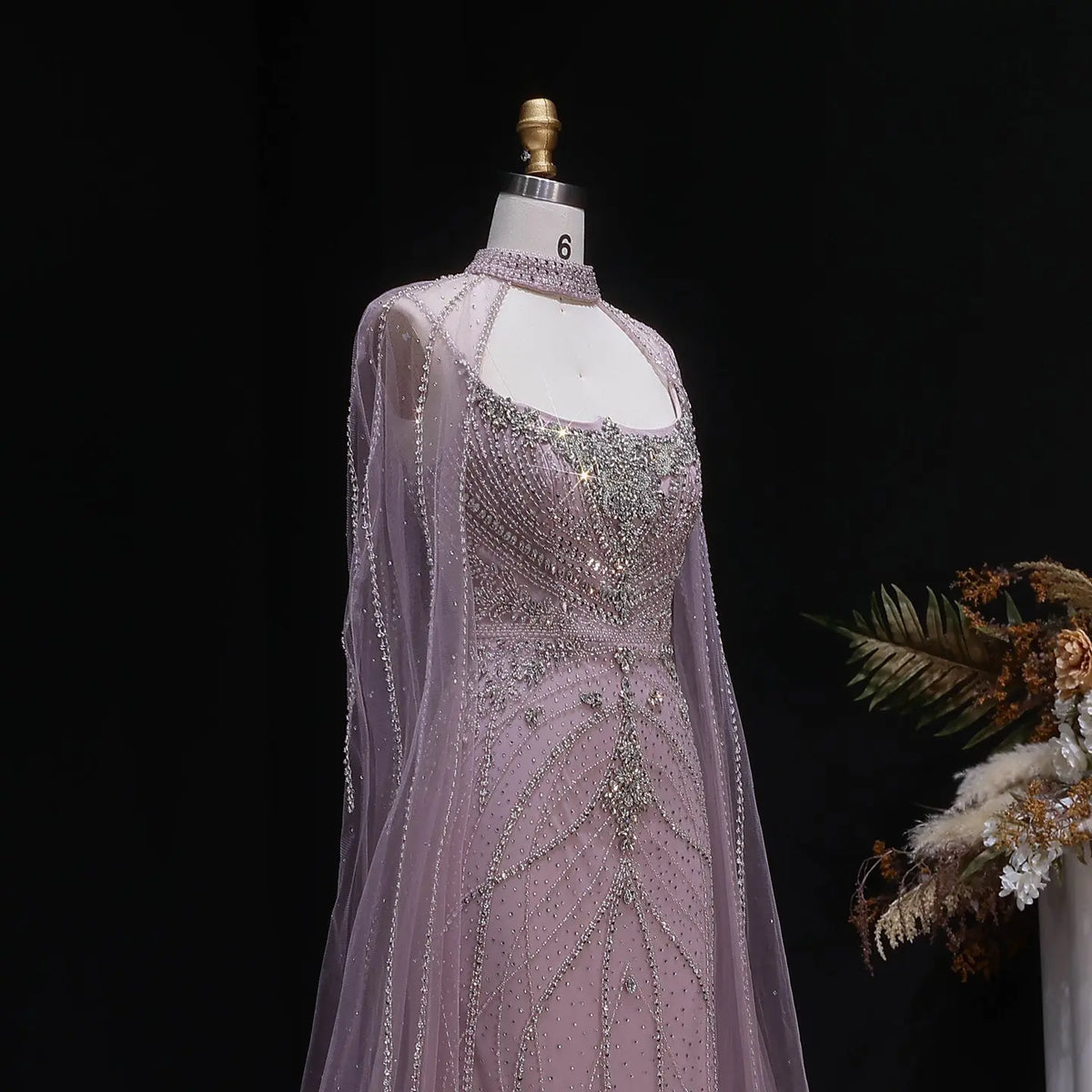 Luxury Champagne Halter Neck Cape Sleeve Beaded Evening Dress SS131 