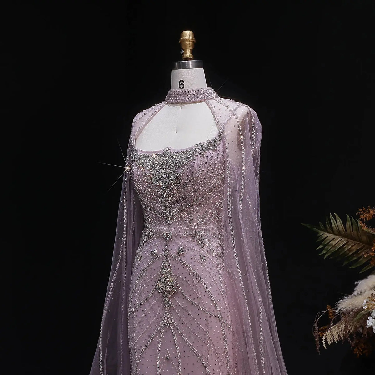 Luxury Champagne Halter Neck Cape Sleeve Beaded Evening Dress SS131 