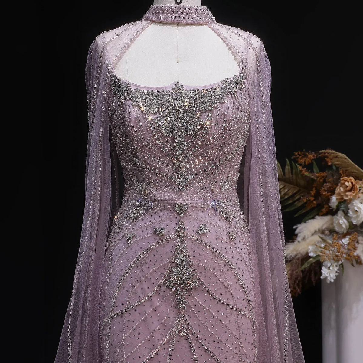 Luxury Champagne Halter Neck Cape Sleeve Beaded Evening Dress SS131 