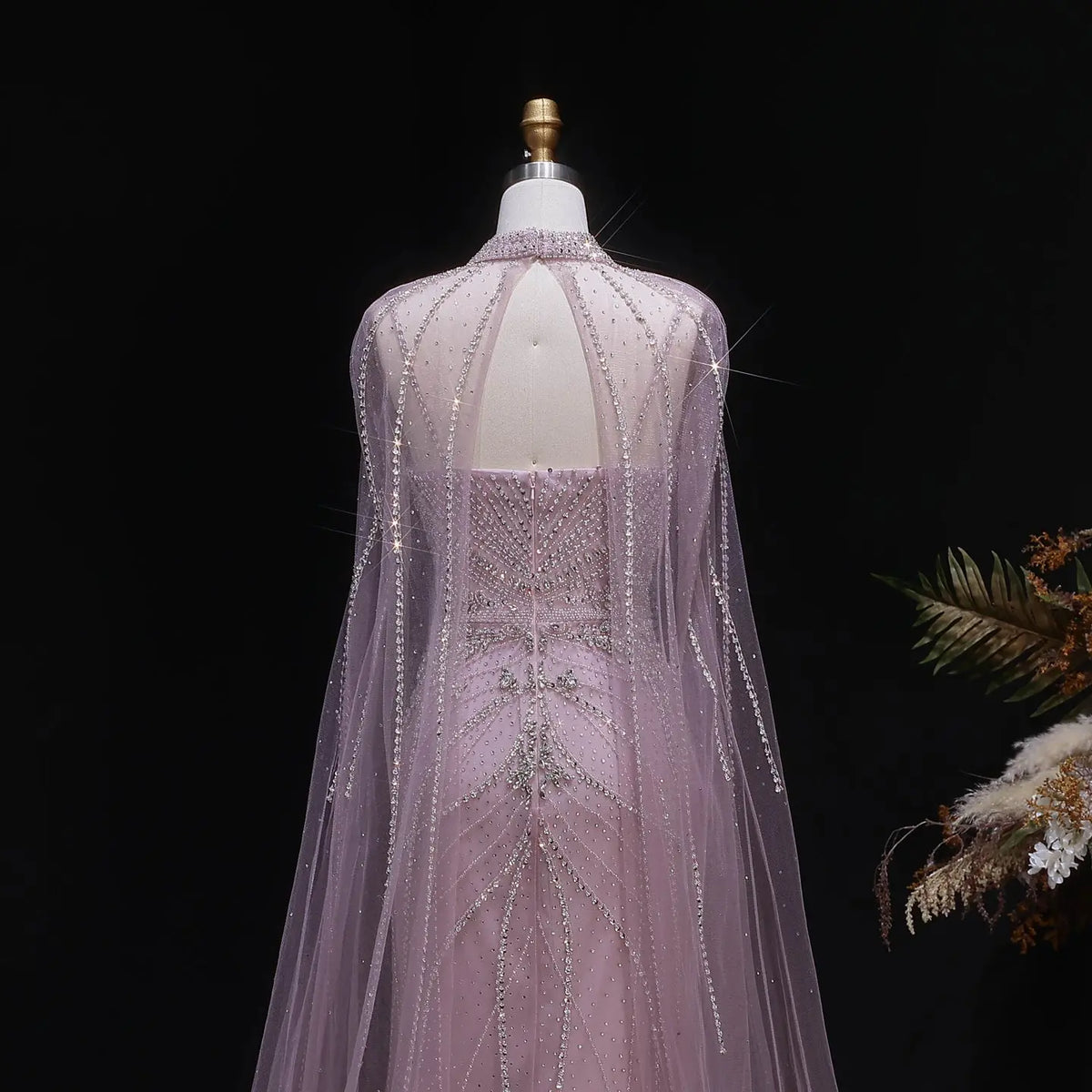 Luxury Champagne Halter Neck Cape Sleeve Beaded Evening Dress SS131 