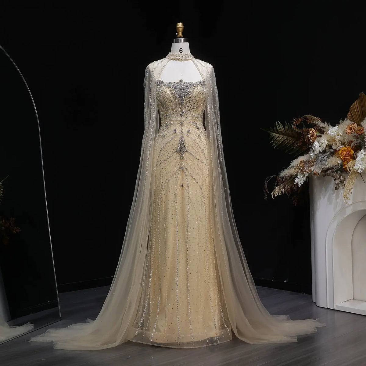 Luxury Champagne Halter Neck Cape Sleeve Beaded Evening Dress SS131 – SHARONSAID