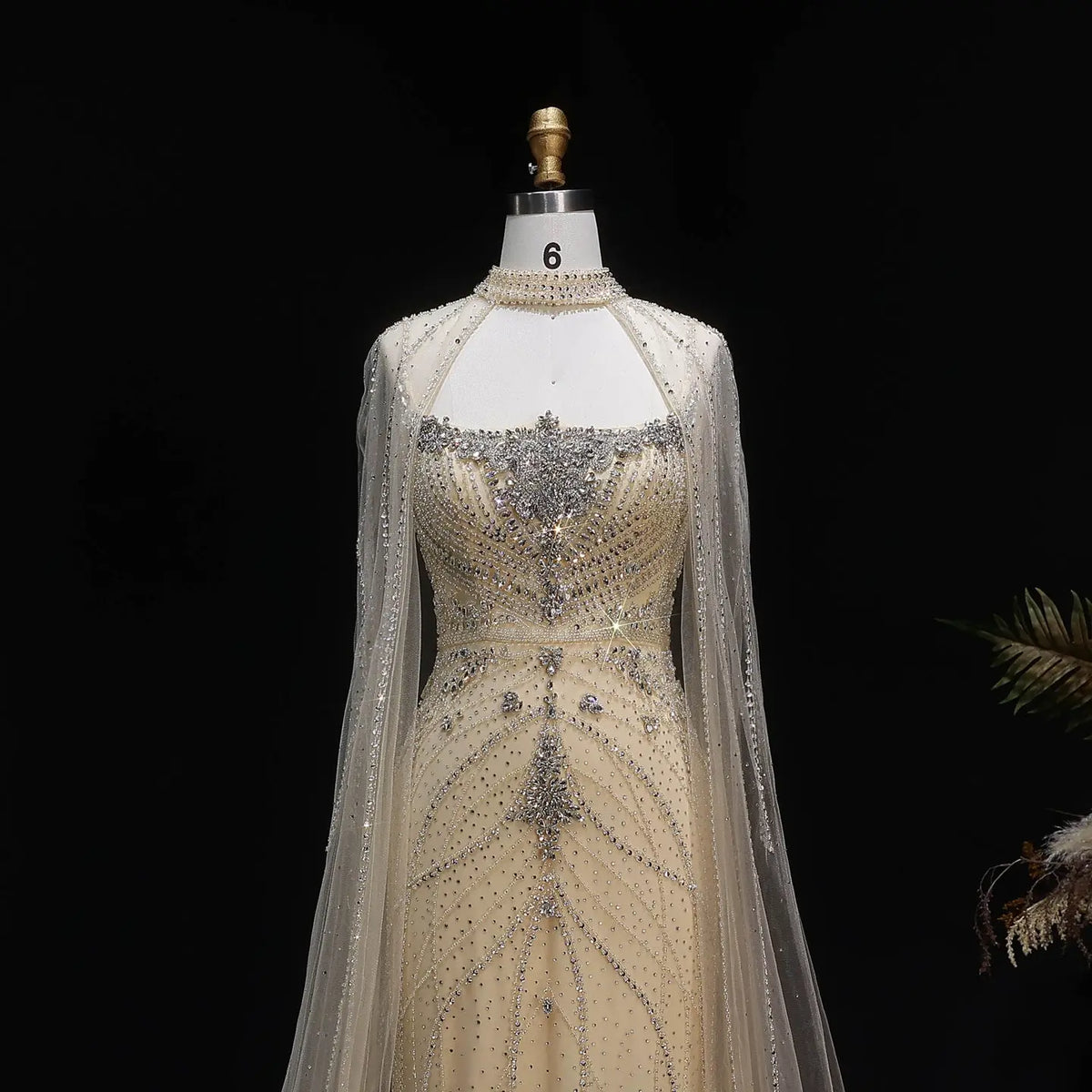 Luxury Champagne Halter Neck Cape Sleeve Beaded Evening Dress SS131 