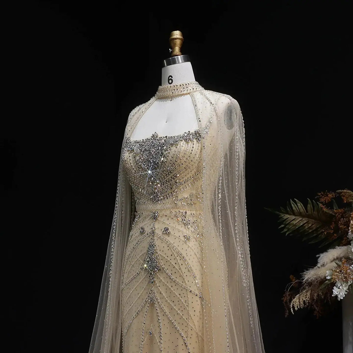Luxury Champagne Halter Neck Cape Sleeve Beaded Evening Dress SS131 