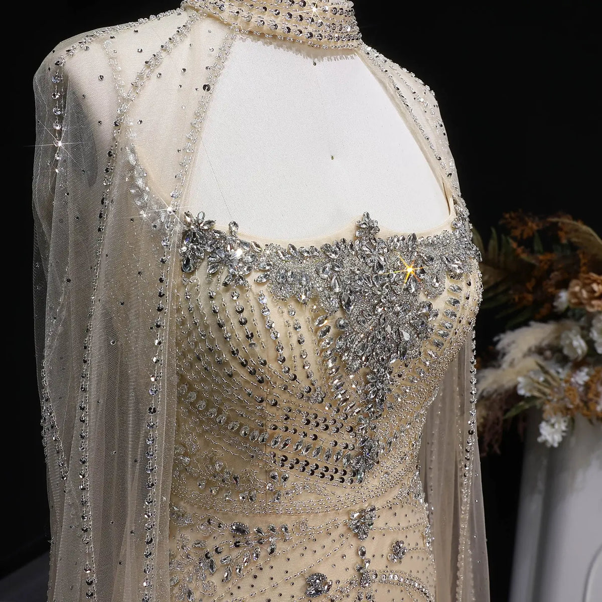 Luxury Champagne Halter Neck Cape Sleeve Beaded Evening Dress SS131 