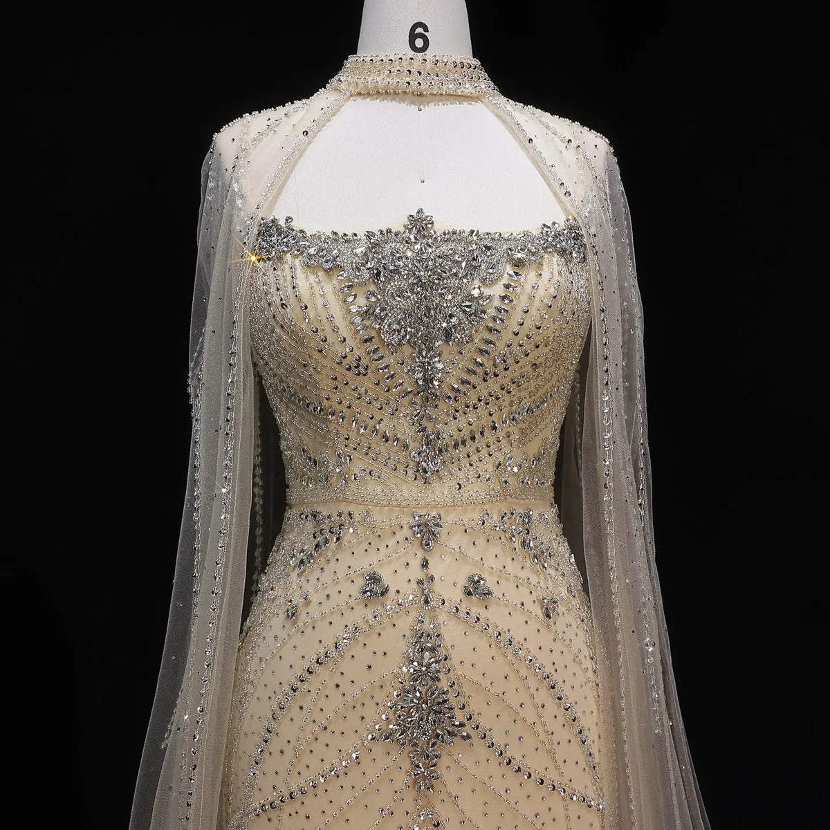 Luxury Champagne Halter Neck Cape Sleeve Beaded Evening Dress SS131 