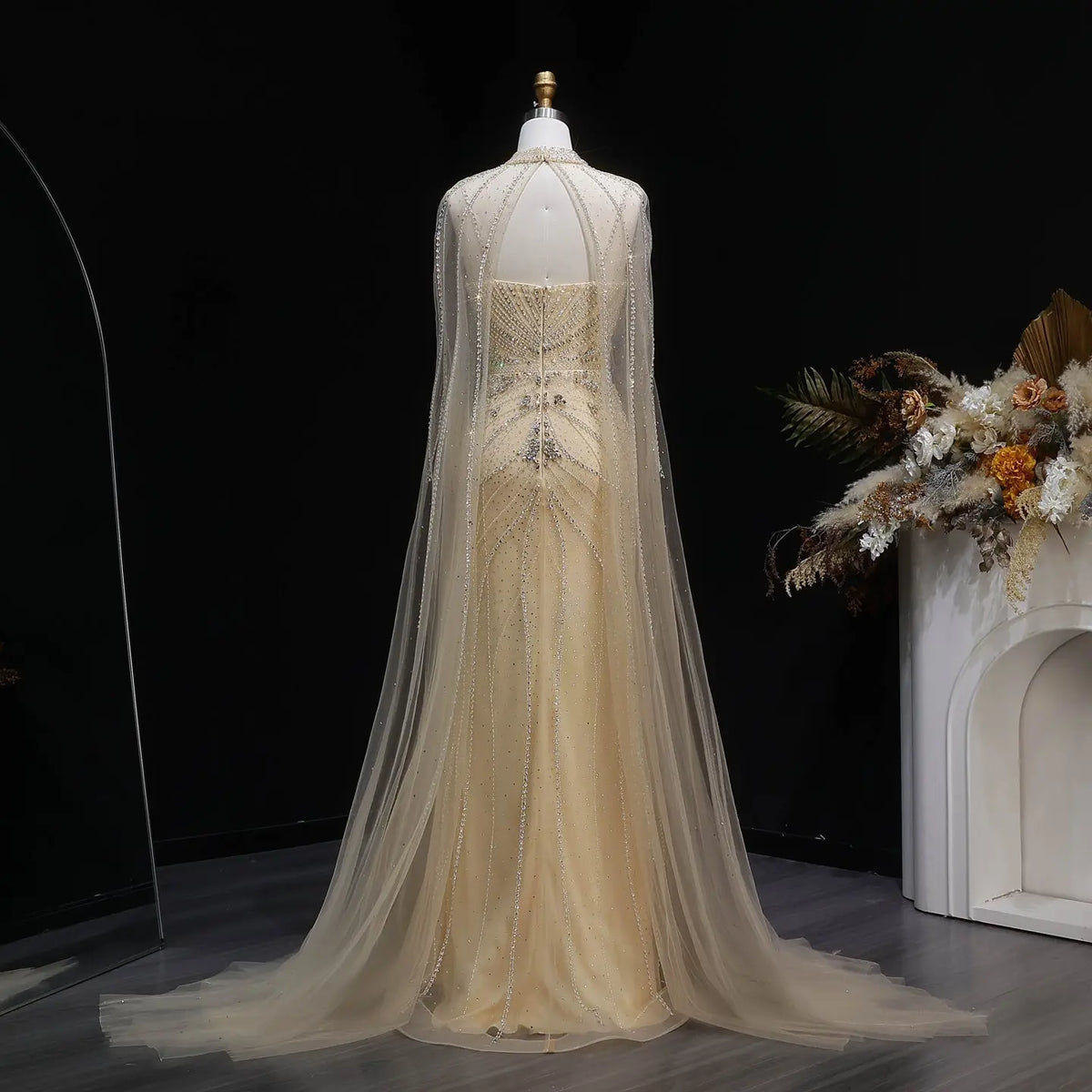 Luxury Champagne Halter Neck Cape Sleeve Beaded Evening Dress SS131 