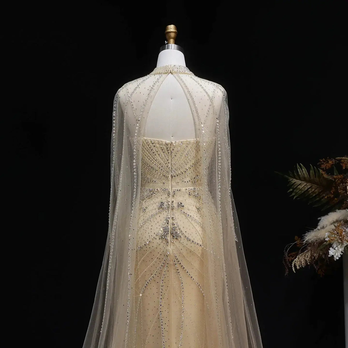 Luxury Champagne Halter Neck Cape Sleeve Beaded Evening Dress SS131 