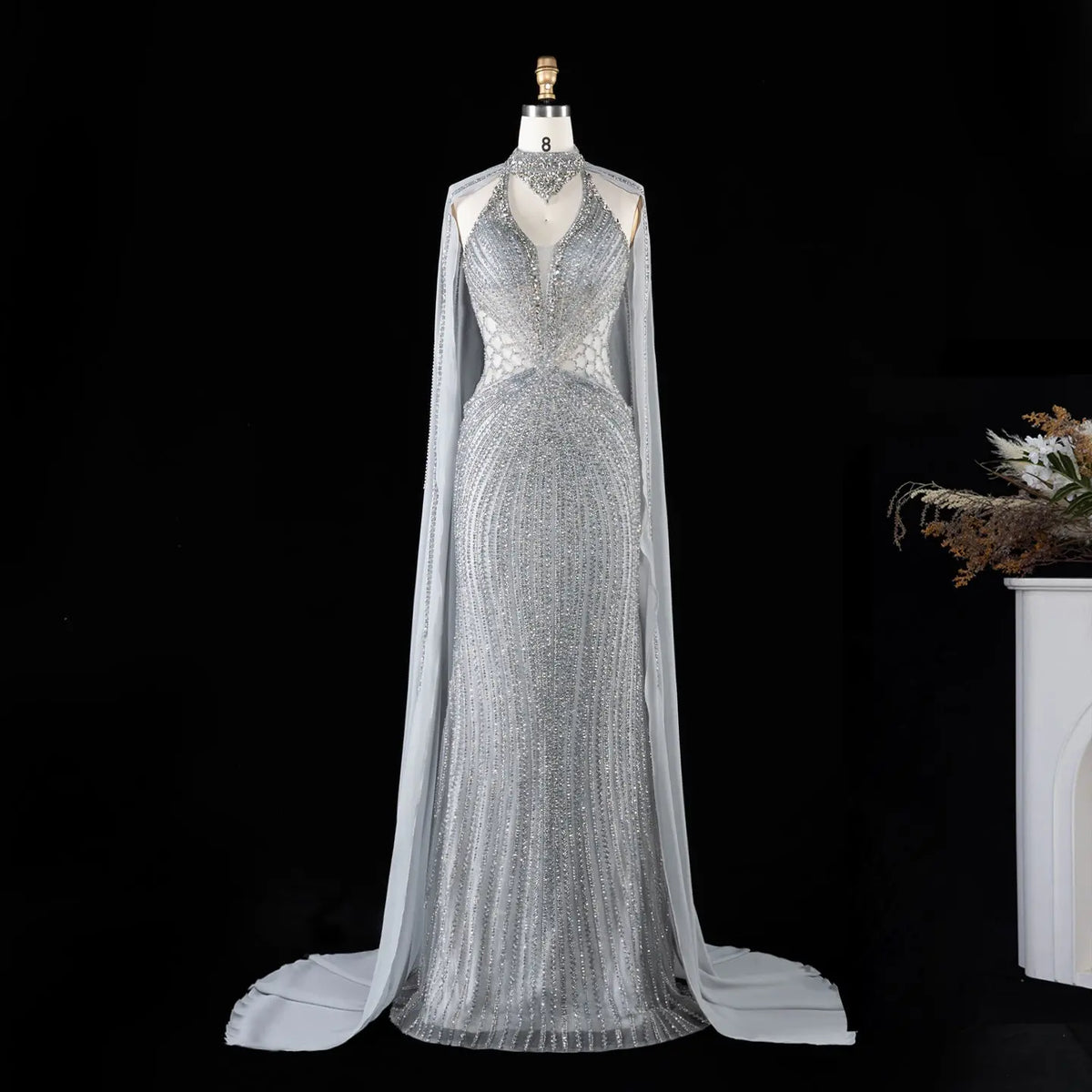Champagne Beaded Cape Evening Dress SS049-17