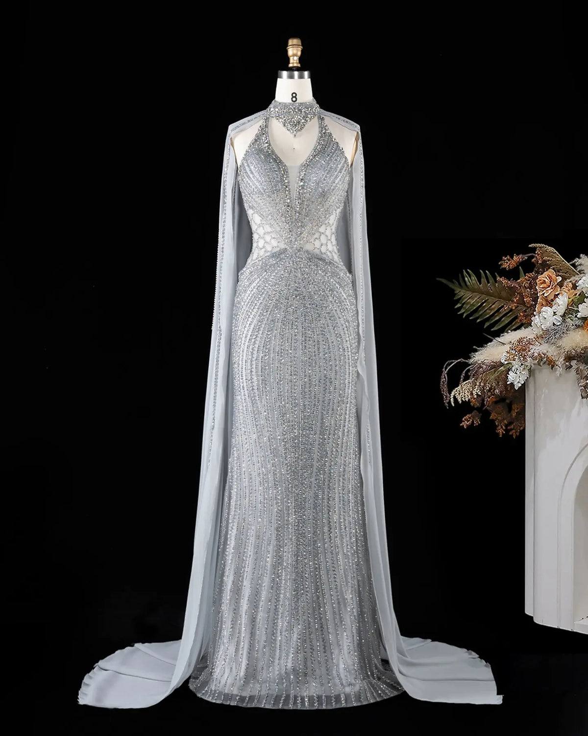 Champagne Beaded Cape Evening Dress SS049-16