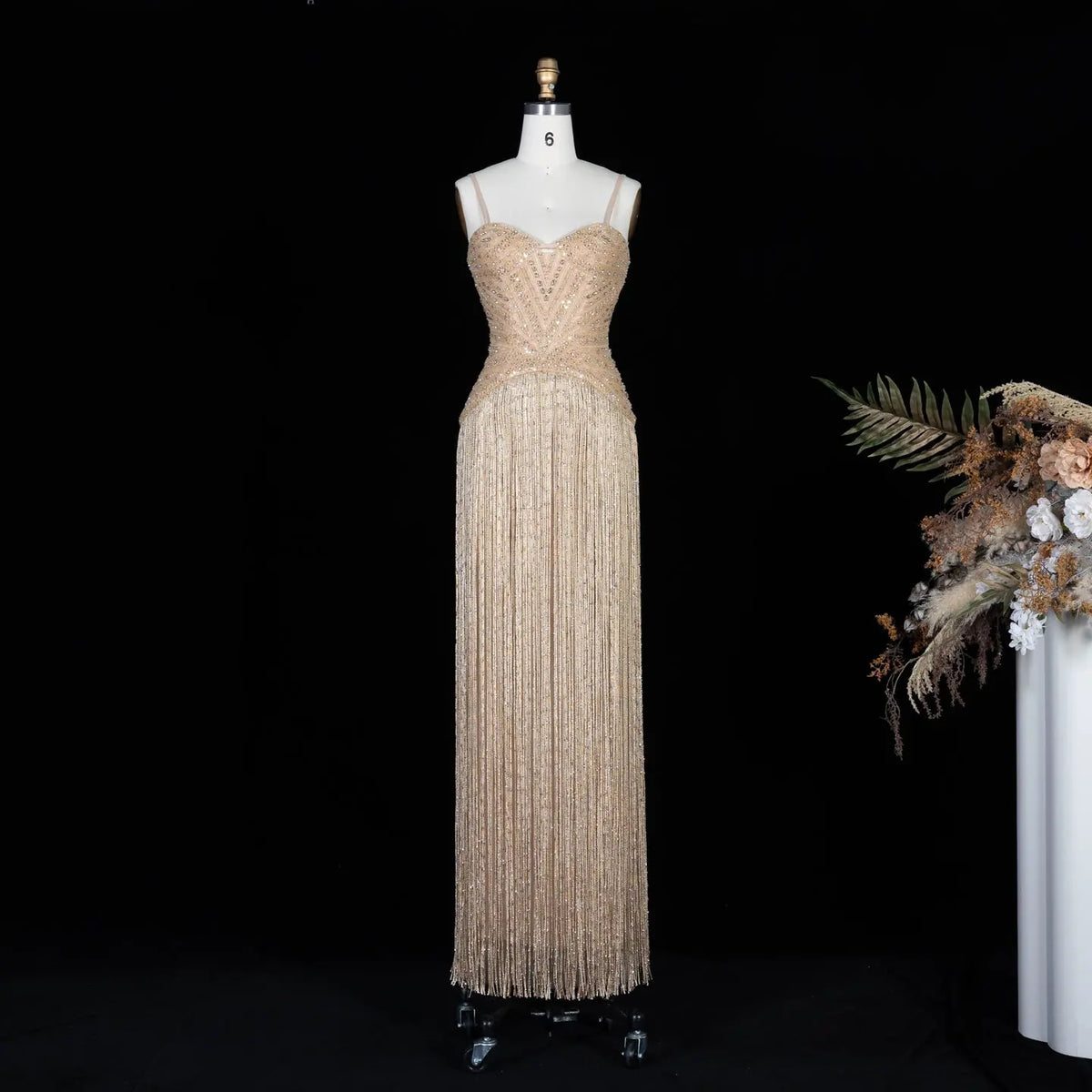 Champagne Beaded Tassel Mermaid Evening Dress SS522