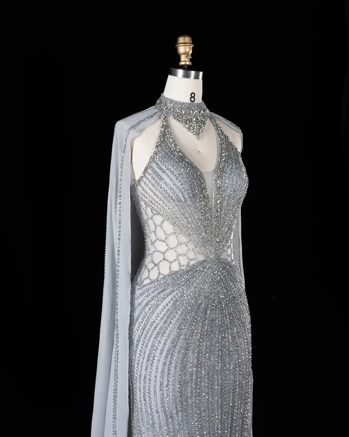 Champagne Beaded Cape Evening Dress SS049-19